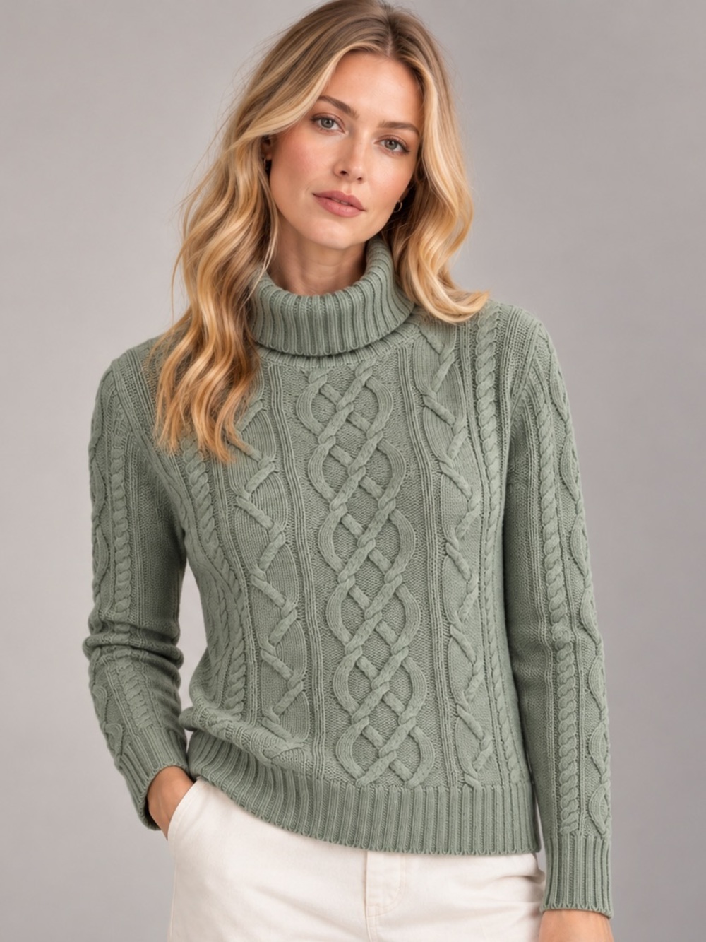 Mariele Waithe 100% Cashmere Cable Knit Turtleneck Sweater Blue Green M